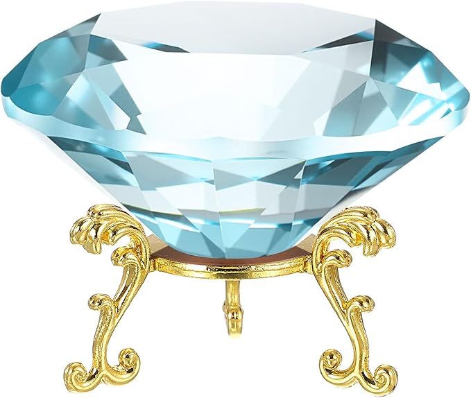PATIKIL Diamond Crystal Paperweight, 80mm / 3.15" Crystal Paperweight Paper Weight with Gold 19 Metal Base for Home Office Desktop Table Decor Wedding Party Ornaments, Lake Blue