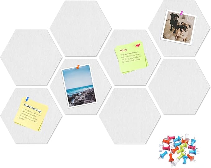 Uoisaiko 12" Large Bulletin Board with 30 Push Pins, Pack of 8 Hexagon Felt Pin Board Notice Boards for Home Office Kitchen, Felt Wall Tiles for Photos Memos