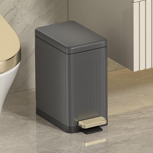 Mbillion Bathroom Trash Can with Lid-Stainless Steel Step Slim Garbage Can-Metal Wastebasket-10L/2.6 Gallon Rectangle Pedal Trash Bin for Narrow Office, Kitchen, Bedroom, Toilet-Soft Close, Grey