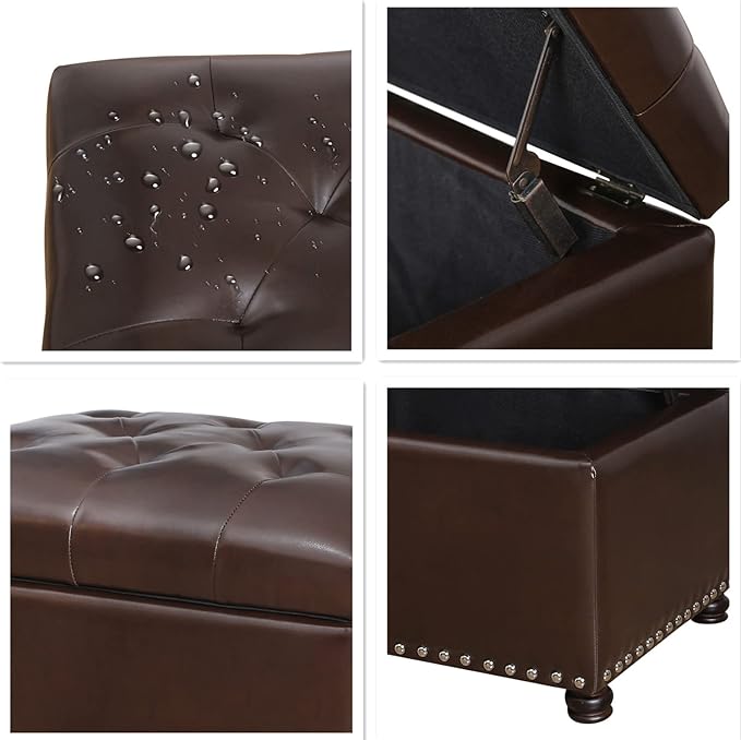 Decent Home 24'' Leather Storage Ottoman Rectangular Foot Rest Stool with Nailhead Trim for Bedroom Living Room(Dark Brown)