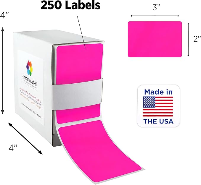 ChromaLabel 2 x 3 inch Permanent Color Code Rectangle Labels, 250 Labels per Dispenser Box, Fluorescent Pink