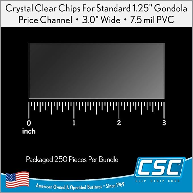 Clip Strip Corp. Price/Data Channel Label Holder Chips, Clear Plastic Tags, 3" L x 1.25" H, 7.5 Mil Thick, Gondola Shelf Edge, Reusable, Made for Point of Purchase Shelf Molding (250)