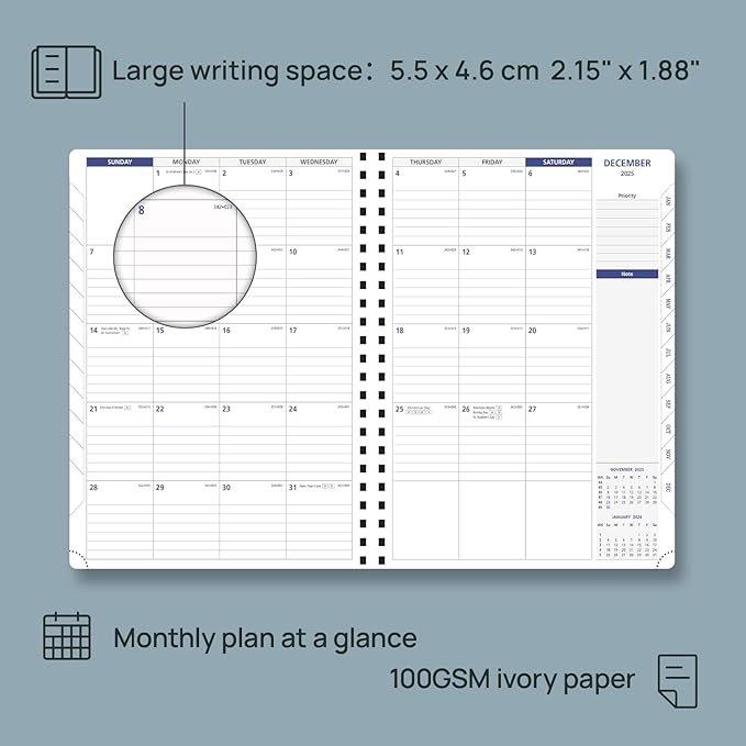 POPRUN 2026-2027 Monthly Planner A4 Size, 16 Months Calendar (Dec 2025-Mar 2027), 2 Pages per Month with Dotted & Lined Note, Monthly Tabs, Spiral Softcover, 2 Inner Pockets - Midnight Green