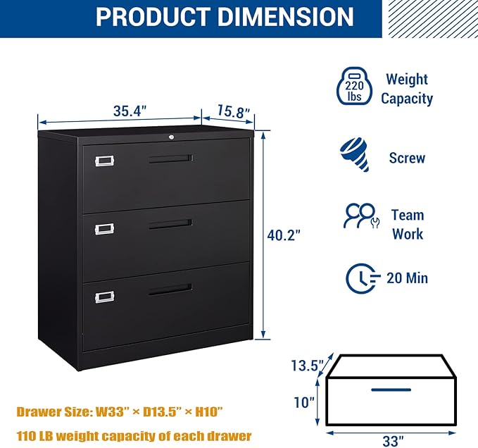 Fesbos Lateral File Cabinet with Lock, 3 Drawer Large Metal Filing Cabinet,Home Office Lockable Storage Cabinet for Hanging Files Letter/Legal/F4/A4 Size-Assembly Required