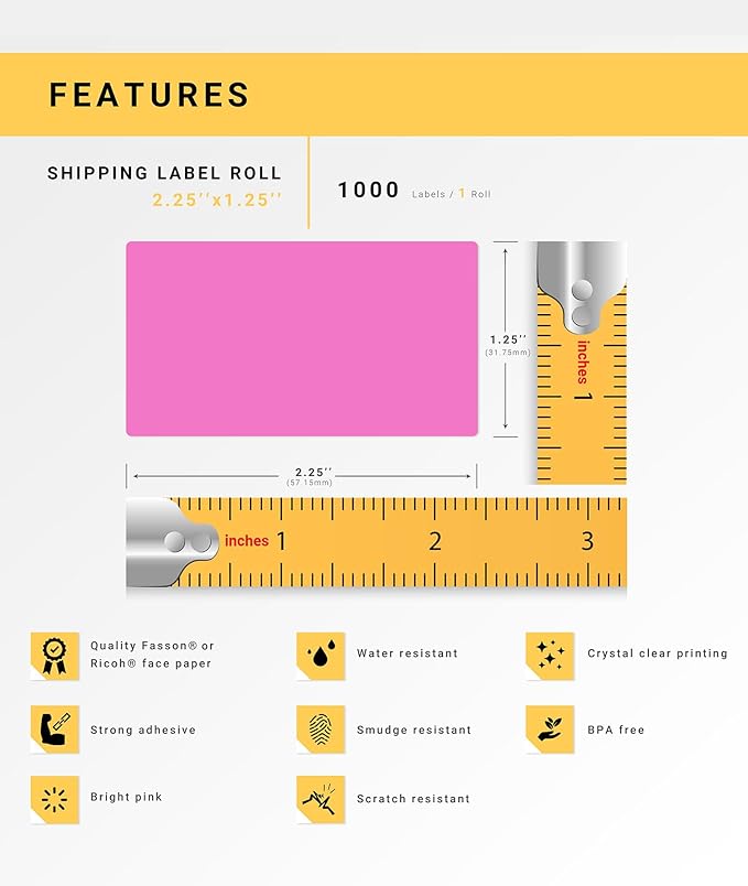 HOUSELABELS 2.25" x 1.25" Pink Address Labels on 1" Core Compatible with Zebra and Rollo Printers, 20 Rolls / 1,000 Labels per Roll