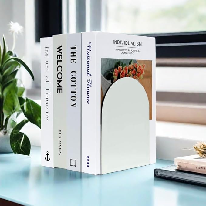 Lulonpon 6 Pieces Book Ends, Bookends, Books Stand, Metal Bookend for Shelves, White Book Ends for School, Library, Desktop Organizer