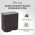 70 Liter / 18.5 Gallon Rectangular Hands-Free Dual Compartment Recycling Kitchen Step Trash Can with Soft-Close Single Lid, Stainless Steel (40L x 30L Capacity), Brown