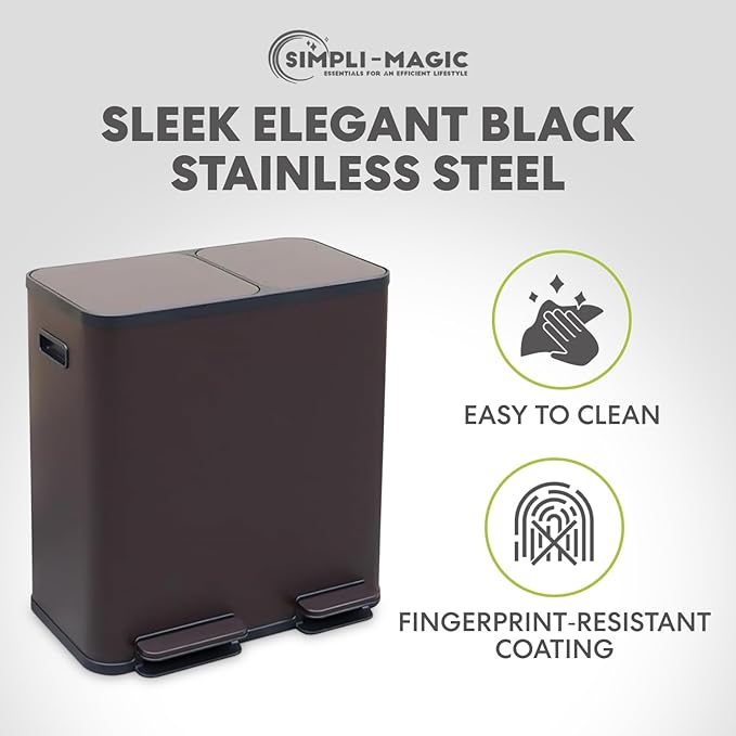 70 Liter / 18.5 Gallon Rectangular Hands-Free Dual Compartment Recycling Kitchen Step Trash Can with Soft-Close Single Lid, Stainless Steel (40L x 30L Capacity), Brown