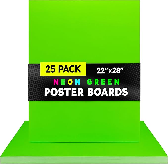 Hygloss Large Poster Board 22x28 - 25 Neon Green Single Color Poster Boards Bulk Pack - 10 Pt. Thickness Colored Poster Board Paper for Projects, Signs, Displays - Posterboard Multipack 22" x 28"