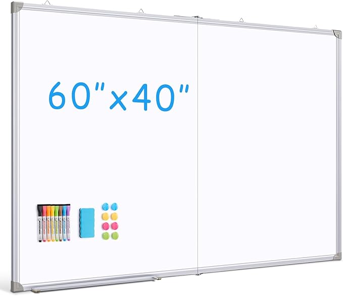 DOLLAR BOSS Large White Board 60 x 40 Inch Foldable Magnetic Whiteboard for Wall, Portable Double Sided Dry Erase Board, Aluminum Frame Message Board for School, Office, Classroom with Eraser, Markers