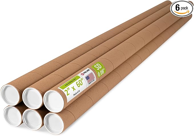 Paclord 2" x 60" Reinforced Kraft Paper Mailing Tube, Pack of 6 Tubes with 12 Caps – Secure USPS Approved Poster Tube – Cardboard Tube for Shipping and Storing Posters, Prints, Artwork, or Documents