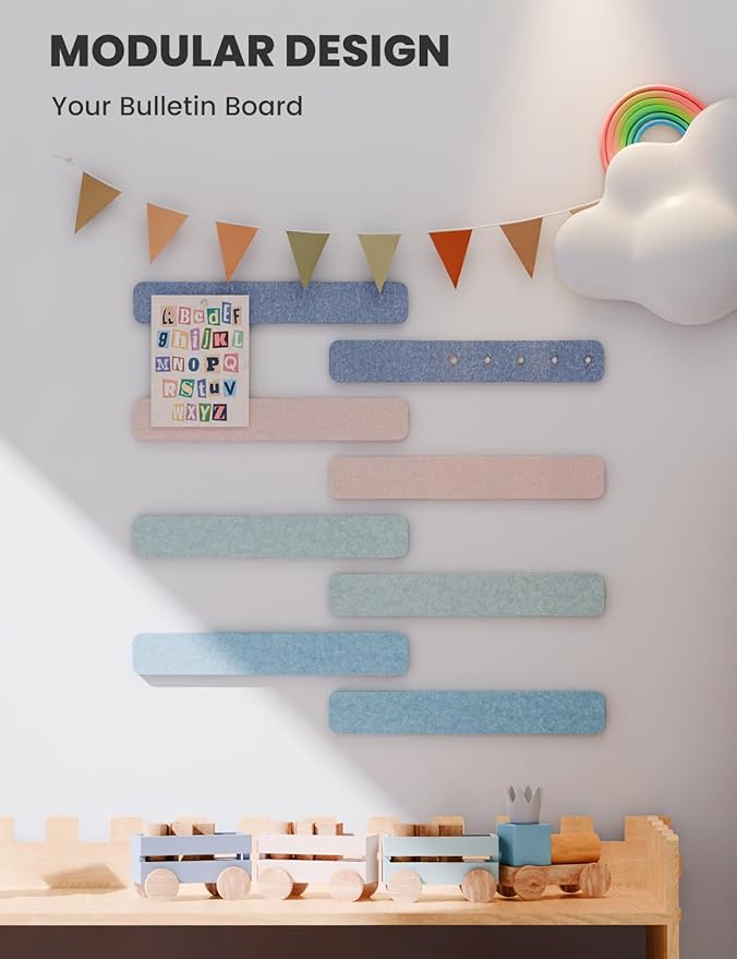 Cork Board Alternative Felt Strip Board 8-Pack 13"x2", Office Pin Board with 50 Push Pins, Adhesive Install for Bedroom Door & Home Office(Coastal Haze)