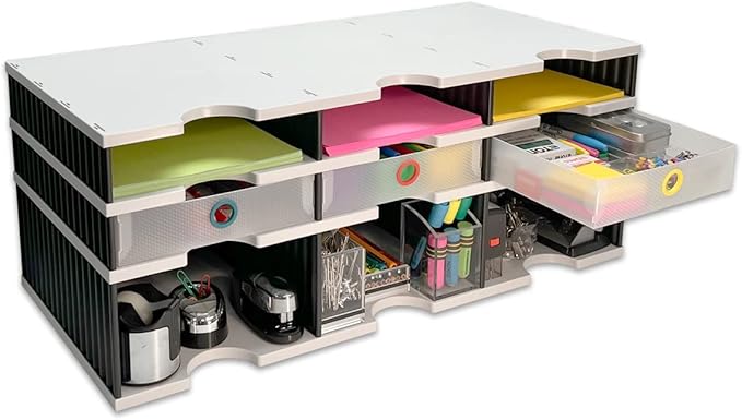 Desktop Organizer 6 Letter Tray Sorter Plus Riser Storage Base & 3 Supply Drawers - TierDrop Plus Stores All of Your Documents, Files, Forms & Frequently Used Supplies in One Compact Modular System