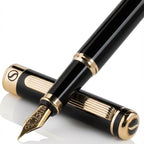 Scriveiner Luxury Fountain Pen - Stunning Black Lacquer Pen, Real Gold Finish, Schmidt Gilded Nib (Medium), Converter, Best Pen Gift Set for Men & Women, Professional, Executive, Office, Nice Pens