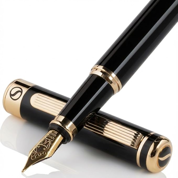 Scriveiner Luxury Fountain Pen - Stunning Black Lacquer Pen, Real Gold Finish, Schmidt Gilded Nib (Medium), Converter, Best Pen Gift Set for Men & Women, Professional, Executive, Office, Nice Pens