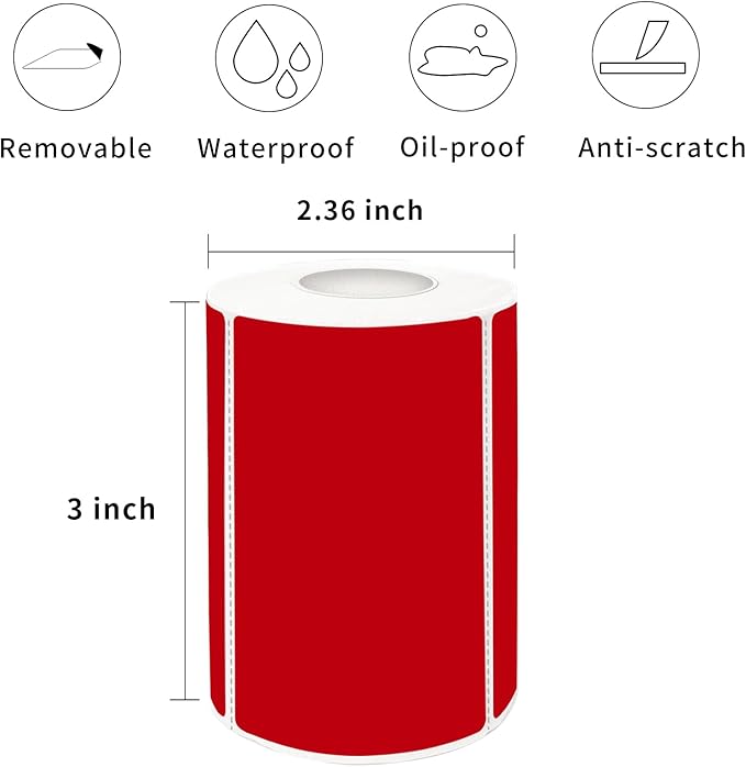 2×3 Inch Red Removable Thermal Labels,Self-Adhesive Square Direct Thermal Labels,300 Sheets per Roll with Perforated Lines