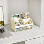 Desk Organizer with 6 Compartments and 2 Drawers, Plastic Makeup Organizer, Pen Holder for Desktop Storage, Desk Organization for School, Home, Office Supplies (Ivory)