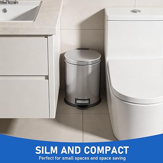 SIMPLYKLEEN Bathroom Trash Can with Lid - 2PC Oval Small Trash Can with Soft-Close Lid, Foot Pedal, Brushed Stainless Steel, Removable Liner, Garbage can for Kitchen, Office, Home Silver