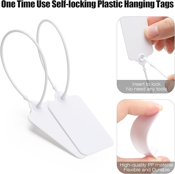 100 White Blank Plastic Tags for Labeling Waterproof Hanging Labels Writable Tags Seal Plastic Marking Label for Clothes Bags Keys Inventory with One Marker Pen