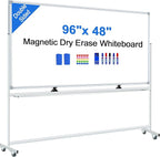 96"x48" Large Magnetic White Board Dry Erase Whiteboard with Rolling Stand 8’x4’ Double-Sided Mobile White Boards on Wheels, Including 3 Magnetic Erasers, 7 Markers, 30 Magnets