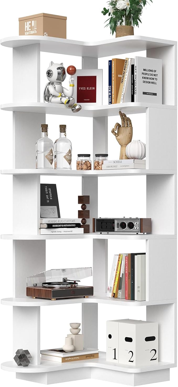 Farini 5-Tier Corner Bookshelf,L-Shaped Bookcase Freestanding Storage Shelf & Display Stand for Living Room, Office, Bedroom,White