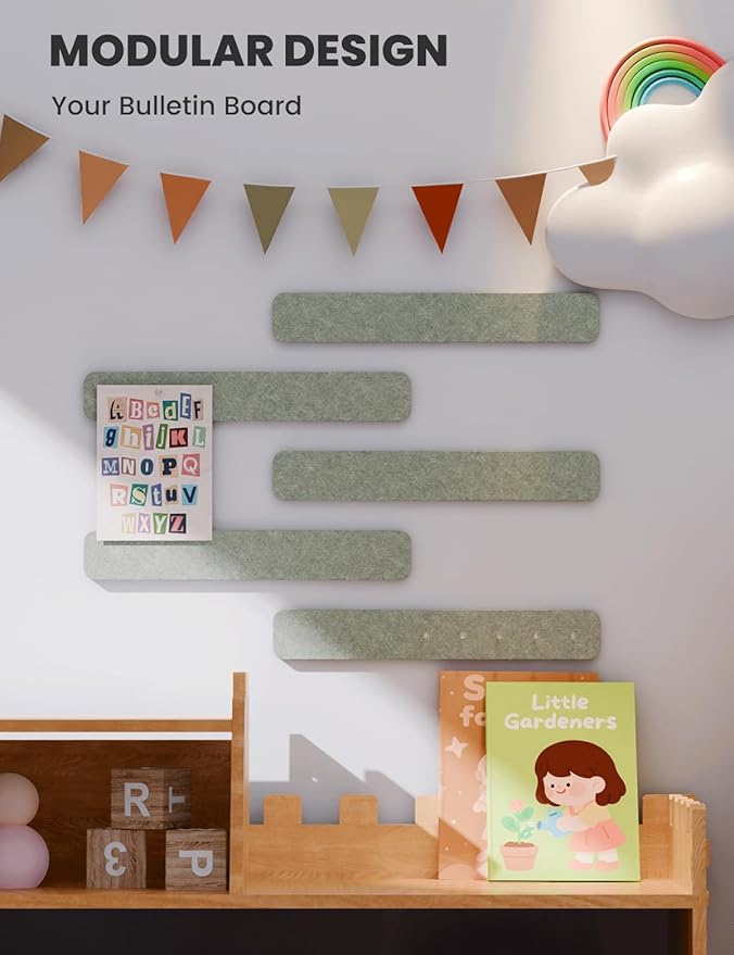 Fluxynara Cork Board Alternative Felt Strip Board 5-Pack 13"x2", Office Pin Board with 35 Push Pins, Adhesive Install for Bedroom Door & Home Office(Sage)