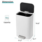 DYTesa 3 Gallon Rectangular Kitchen Trash Can - White Stainless Steel with Foot Pedal, Soft-Close Lid & Removable Inner Bucket, Suitable for Home/Office/Living Room