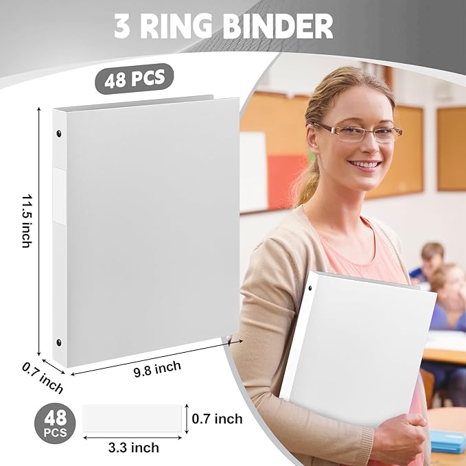 Henoyso 48 Pcs 3 Ring Binder 0.5 Inch Round Fits Letter Size 8.5'' x 11'' Paper Plastic Flexible Binder Bulk Holds 140 Sheets with 1 Pockets Versatile Organizer for Home Office School (White)