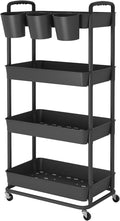 JIUYOTREE 4-Tier Plastic Rolling Storage Cart Utility Cart with Extra Hanging Cups Handles Lockable Wheels for Living Room Bathroom Kitchen Office Black