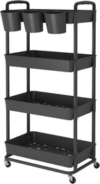 JIUYOTREE 4-Tier Plastic Rolling Storage Cart Utility Cart with Extra Hanging Cups Handles Lockable Wheels for Living Room Bathroom Kitchen Office Black