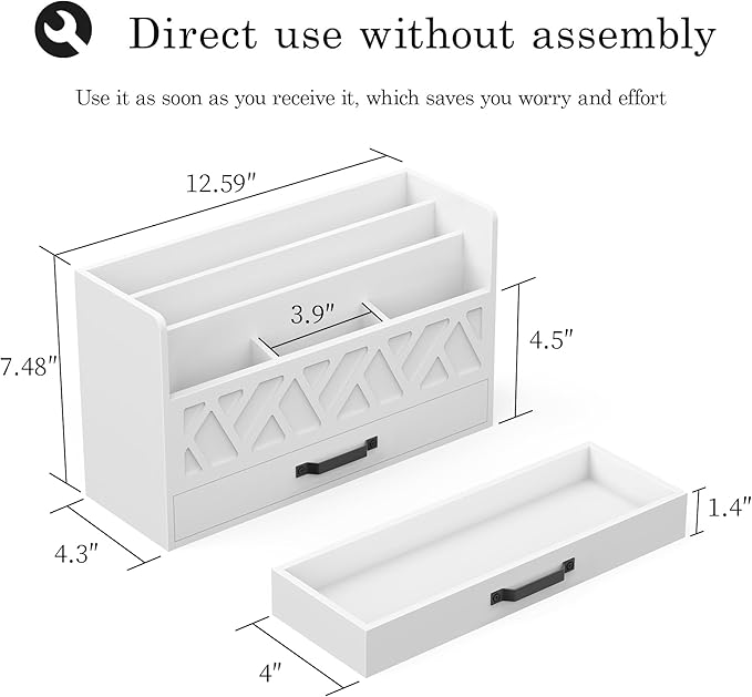 WISUCART Bamboo Mail Organizer Countertop Wood Desk Organizer Drawer Tabletop Storage Box Letter Sorter Makeup Organizer for School Home Office Supplies White