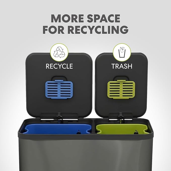 70 Liter / 18.5 Gallon Rectangular Hands-Free Dual Compartment Recycling Kitchen Step Trash Can with Soft-Close Single Lid, Stainless Steel (40L x 30L Capacity) Elegant Black Finish