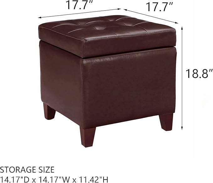 Homebeez Tufted Faux Leather Storage Ottoman Square Cube Foot Rest Stool with Flip Top (Brown)