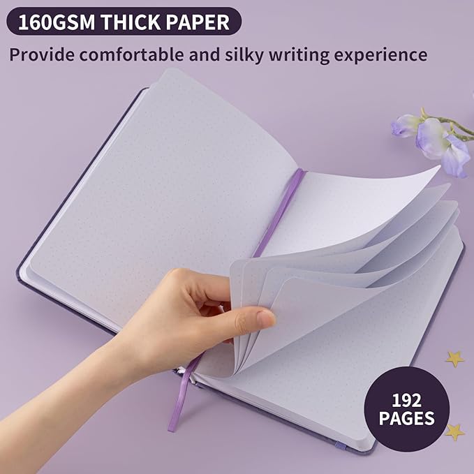 Crein Lynh Dot Grid Journal with 160GSM Thick Paper, 192 Pages, A5 Dotted Notebook for Work, School, Travel | 180° Lay Flat, Foil Stamped Cover, Elastic Band, 2 Bookmarks & Inner Pocket (Dark Purple)