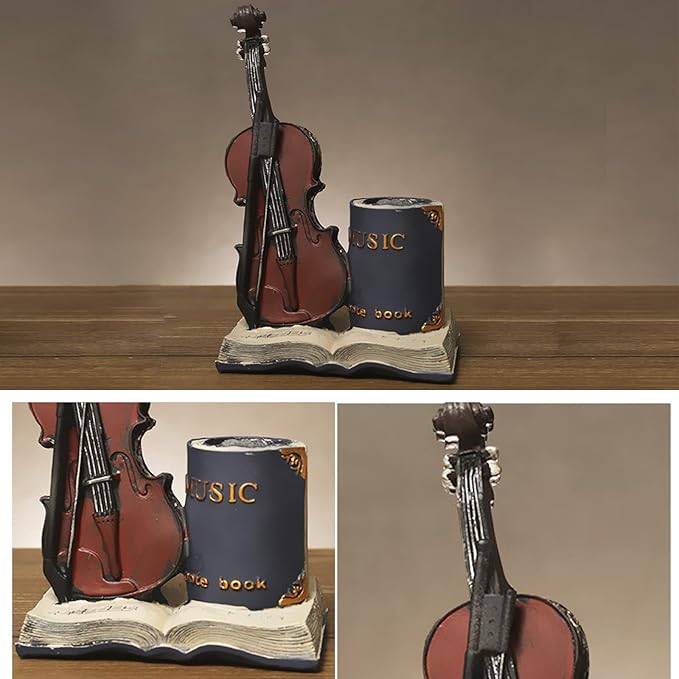 Jaugufiy Resin Violin Sculpture Pen Holder Pencil Holder Pen Organizer Cosmetic Brush Holder Decorative Pen Box Pen Pot Makeup Brush Pot (Blue)