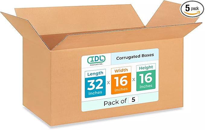 Extra Large Shipping & Moving Boxes 32 x 16 x 16 inches (5-Pack) - Extra Strength 200 lb vs Regular - Corrugated Heavy Duty Moving Boxes - Durable Cardboard Moving Box - Large Box by IDL Packaging