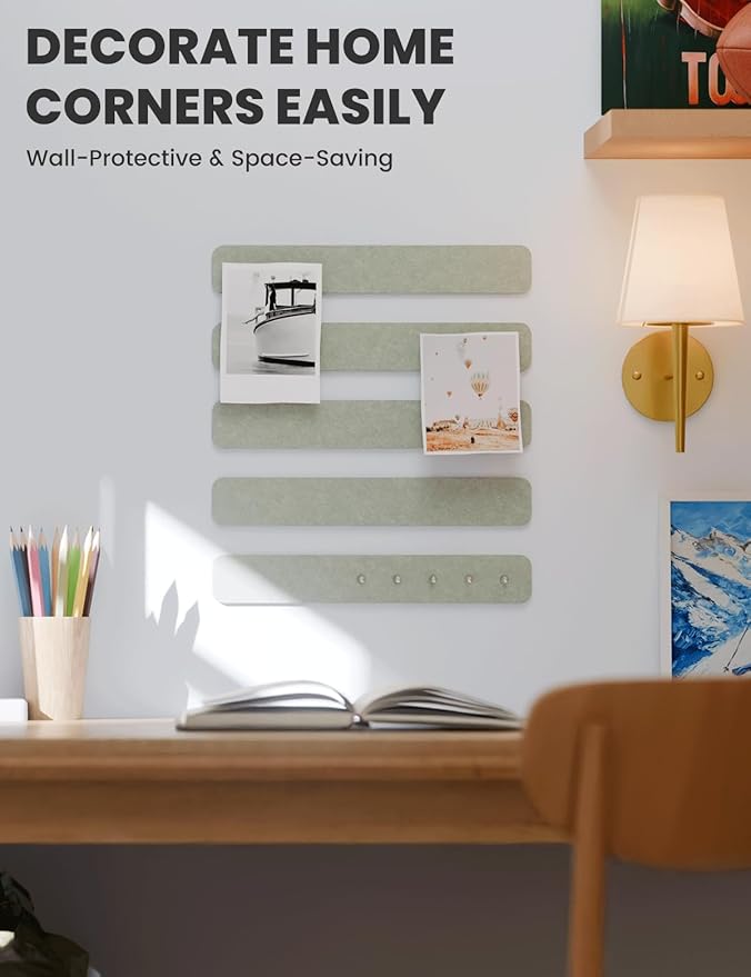 Fluxynara Cork Board Alternative Felt Strip Board 5-Pack 13"x2", Office Pin Board with 35 Push Pins, Adhesive Install for Bedroom Door & Home Office(Sage)