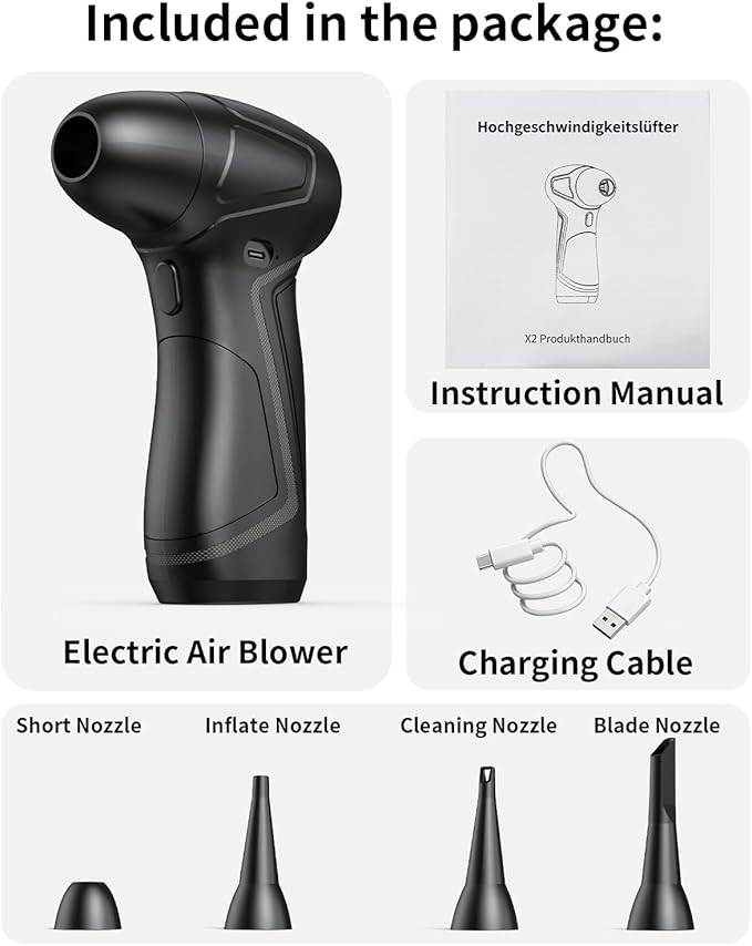 PureWellness Compressed Air Duster Can, Cordless Air Blower, Rechargeable Electric Duster & 3 Nozzles for Keyboard, PC, Home Cleaning, Portable Cleaning Kit, Black