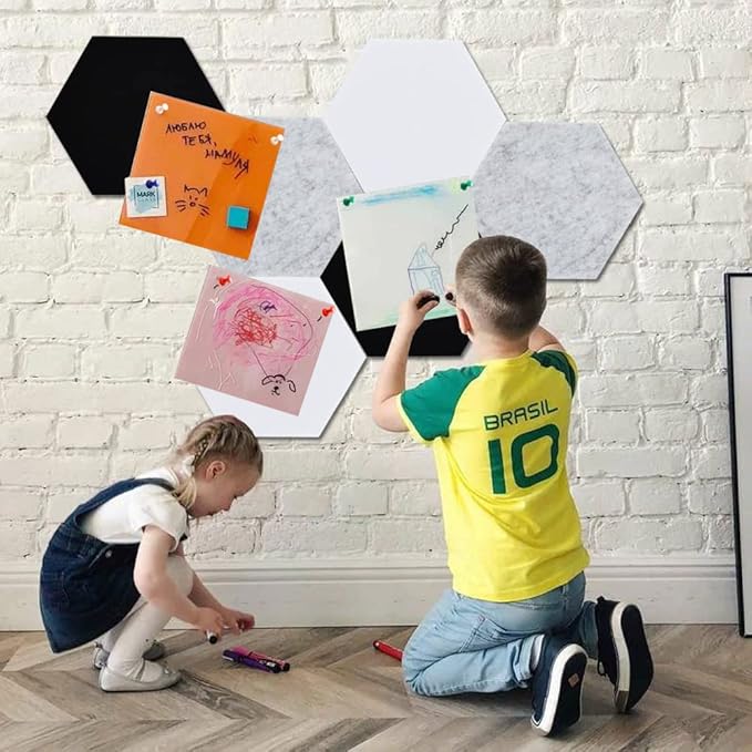 Vuzvuv 6 Pcs Hexagon Bulletin Board with 50 Pushpins & Sticky Note Adhesive Cork Board for Wall，Felt Pin Board for School，Office Decor（Black White Grey）