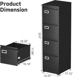 4 Drawer File Cabinet with Lock, High-Capacity Vertical Metal Filing Cabinet for Home Office, Heavy Duty Locking Steel Storage for A4/Letter/Legal Size, Black, 17.7" D x 14.6" W x 52.6" H