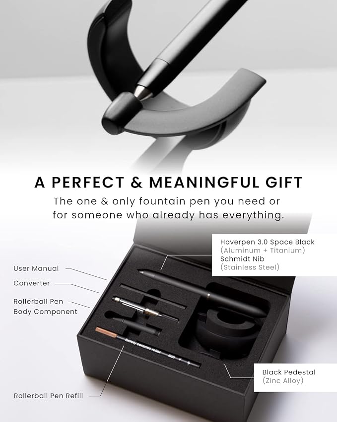 novium Hoverpen Future - Luxury Fountain Pen & Rollerball Pen All-In Gift Box, Schmidt Nib (Fine), Converter, Extra Refill, Aerospace Metal, Best Pen Gift Set for Men & Women (Deep Black)