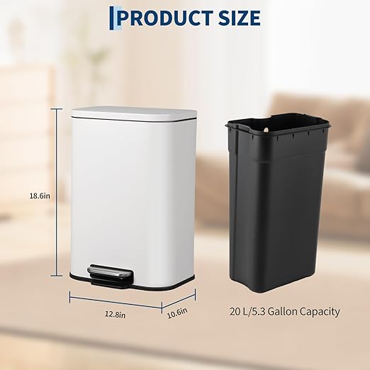 Takywep 5.2 Gallon Brushed Stainless Steel Trash Can with Soft-Close Lid, 3.2/5.3/8/13.2 Gallon Smudge-Resistant Compact Garbage Bin for Kitchen, Bathroom, Office - Black & White
