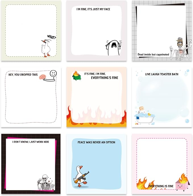 Lovarywow Funny Sticky Notes Gifts - 9 Pack Funny Sticky Notes 3x3 Inch Office Gifts for Coworkers Everything is Fine Post Memo Pads Work Gag Self-Stick Notepads Office Study Supplies 450 Sheets