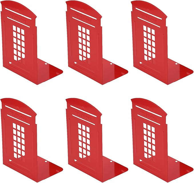 MerryNine 6 Pack Book Ends, Metal Bookends for Shelves, Telephone Booth Decorative Bookends, Non Skid Heavy Bookends, Book, Magazine or CD Organizers for Home and Office (Red-6pcs)