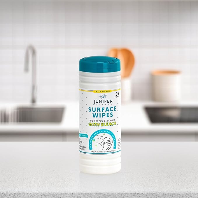 Juniper CLEAN 1 Pack Surface Cleaning Wipes with Bleach, All-Purpose Cleaner for Bathroom, Kitchen, Office, 35 Count Canister, 7.5" x 7" Sheet, Fresh Scent, Lint Free & Durable