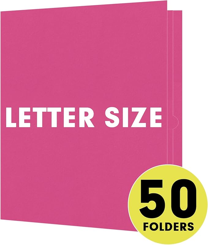 Two Pocket Folders, RAZCC 50 Pack 2 Pocket Folders Fit Letter Size Paper, Paper Folders with Pockets for School Office Business Home (Magenta)