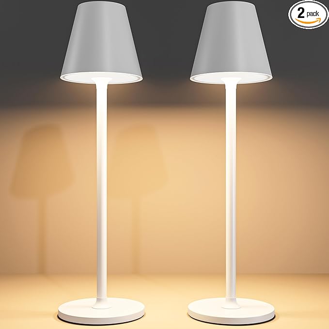 Timjorman 2-Pack Cordless Table Lamps - 4000mAh Rechargeable Battery Operated Desk Lamp, 3-Level Dimmable LED Night Light for Bedroom, Dining, Restaurant - Metal Design (White 2-Pack)