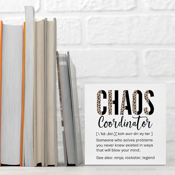 Funny Chaos Coordinator Gifts Office Decor, Leopard Chaos Coordinator Wooden Box Sign, Thank You Gifts, Home Farmhouse Table Shelf Desk Decor Accessories, Appreciation Gifts for Coworkers Colleague