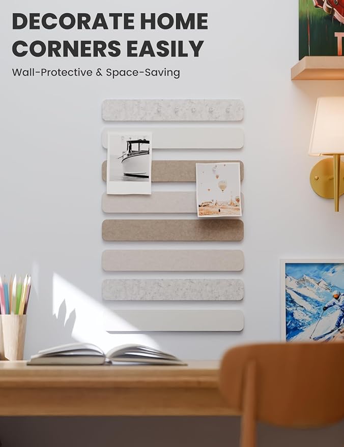 Cork Board Alternative Felt Strip Board 8-Pack 13"x2", Office Pin Board with 50 Push Pins, Adhesive Install for Bedroom Door & Home Office(Stone Beige)