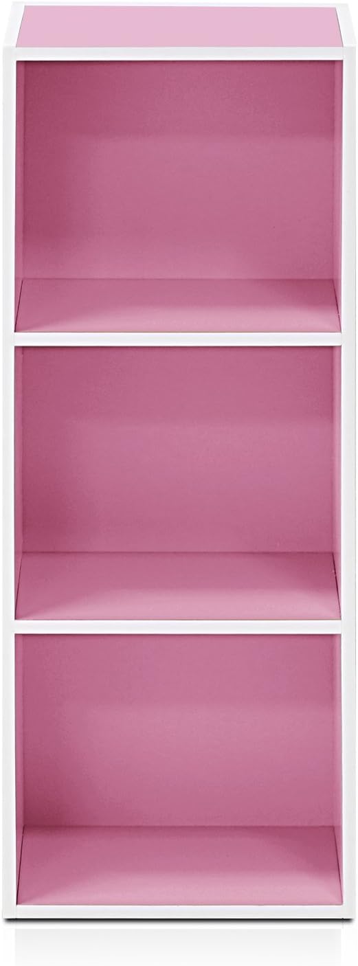 Furinno LUDER Book Shelf, 3-Cube Bookshelf, Bookcase with Open Shelves, 9.3 x 12 x 31.5, for Living Room, Bedroom, Home Office, White/Pink